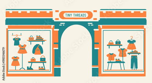 Colorful illustration of a children's clothing boutique storefront with dresses shirts and accessories in window displays