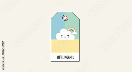 Cute tag illustration featuring a sleeping cloud with a rainbow on a divided blue and green backdrop with yellow block and ""Little Dreamer"" text
