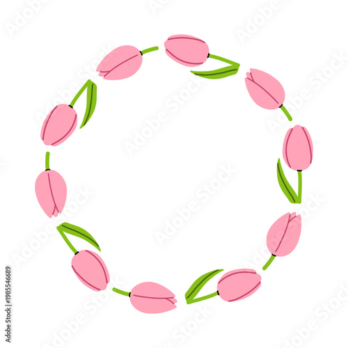 Vector circular frame made of blooming pink tulip flowers, creating light botanical ring on white background. Wreath for elegant logo, monogram, packaging label or seasonal stationery design.