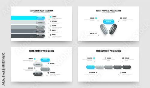 Business Innovation 5 3 4 Element Diagram Slideshow Layout Bundle. Service Overview Five Three Four Step Infographic Slide Template Vector Illustration Set.