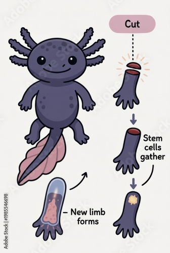 Axolotl biological diagram showing limb regeneration process with stem cells representing science and healing