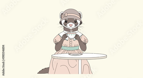 Ferret enjoys tea time wearing vintage dress and hat at an outdoor cafe cartoon illustration with whimsical charm and soft pastel colors