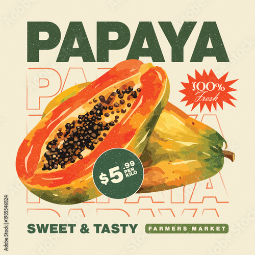 Papaya fruit club. Tropical print design. Nature fruit club print design. Sweet Papaya artwork. Watercolor fruit t shirt design.
