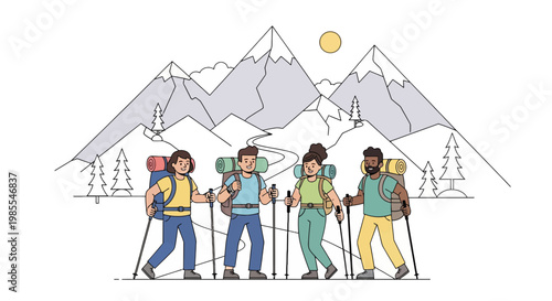Group of hikers with backpacks and trekking poles walking in mountain landscape illustration; outdoor adventure in nature; flat vector