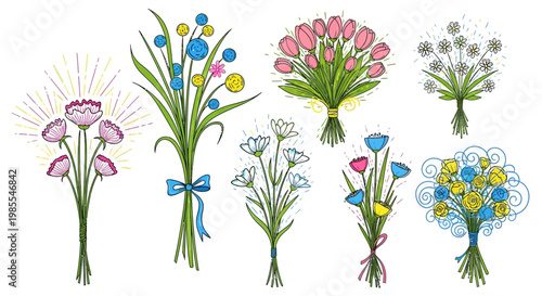 A vibrant collection of hand-drawn floral bouquets in various styles and colors, showcasing artistic floral arrangements