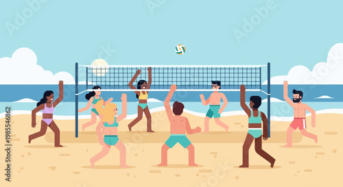 Group of people playing beach volleyball game in summer cartoon vector illustration healthy lifestyle fun sport and recreational activity