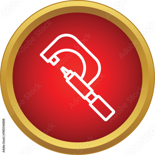 Micrometer showing a precision measuring device on a red and gold button