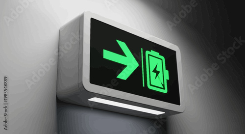 Illuminated emergency exit sign with arrow and battery icon indicating charging or power backup digital rendering in cartoon style