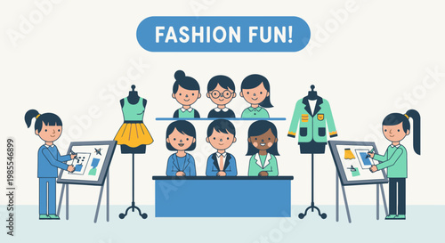Illustration of fashion designers at work creating clothes and judging models wearing casual clothing in a creative and collaborative environment