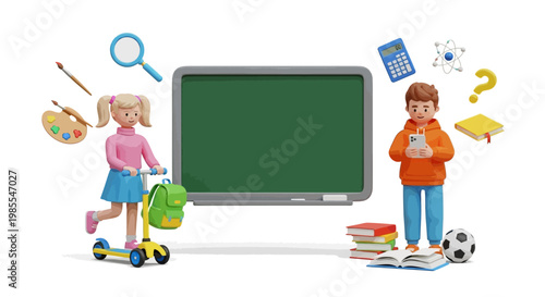 Vibrant 3D illustration showcasing enthusiastic young students engaged in diverse learning activities with essential school supplies and academic symbols, perfect for educational concepts