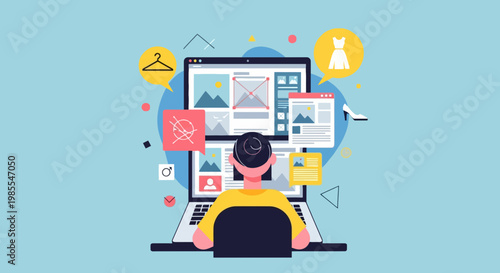 Person using laptop for online shopping and website design with clothing and fashion icons on blue background