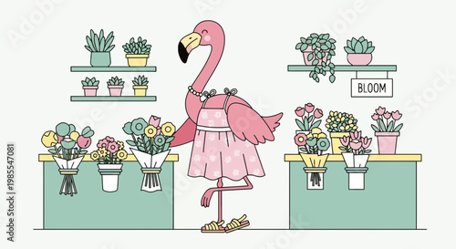 Pink flamingo florist wearing floral dress stands at mint green flower shop counter surrounded by bouquets and potted plants in whimsical cartoon style