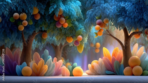 Fantasy fruit forest illustration in vibrant pastel colors, whimsical nature scene with glowing trees and citrus, dreamy magical landscape background with copy space