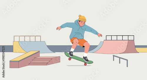Skateboarder performing ollie trick at concrete skatepark with ramps and rails in pastel colors modern vector illustration