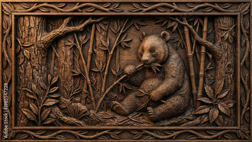 Wood carved panda in forest relief, earthy tones, wildlife decorative panel
