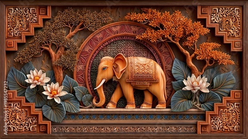 Ornate wooden elephant carving in warm earthy tones, traditional decorative relief representing cultural heritage and craftsmanship