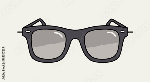 Stylish black frame sunglasses with gray gradient lenses illustration; eyewear fashion accessory on white background