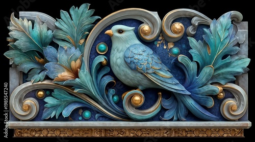 Decorative bird relief artwork in elegant blue and gold tones, ornamental nature design representing beauty and serenity