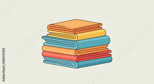 Stack of neatly folded cloths and towels in a flat vector style illustration with blue red orange and yellow colors