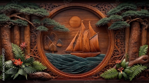 Intricately Carved Wooden Relief in Warm Tones Depicting a Three-Masted Seafaring Scene with Naturalistic Framing