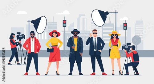 Stylish celebrities posing for paparazzi in city backdrop with studio lighting illustration; bold colors fashion models and photographers