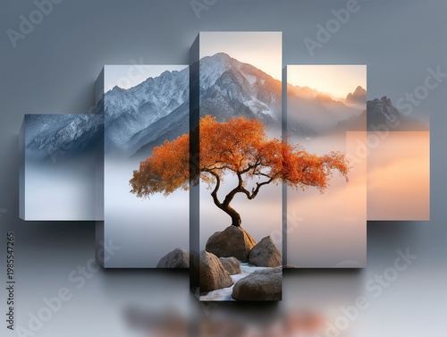 Five-Panel Canvas Landscape in Blue and Orange Depicting a Gnarled Tree on Rocky Outcrop with Misty Mountain Backdrop