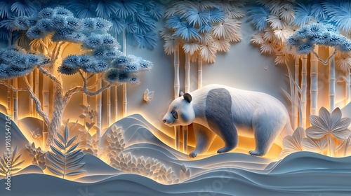 Panda with Tranquil Mood Walking Gently Representing Wildlife Conservation on a Misty Bamboo Background