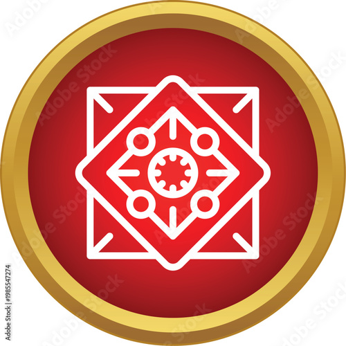Carrom board game icon in a round gold and red frame, flat design illustration