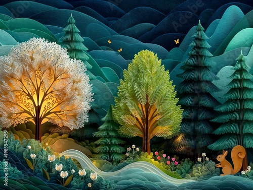 Glowing white tree enchanting emanating light representing twilight magic on layered hills and stream background