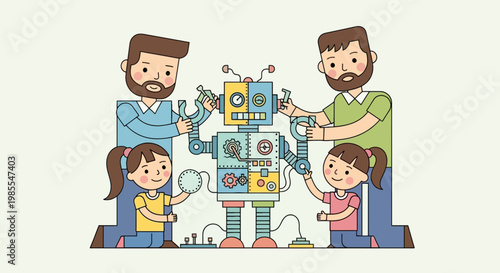 Two happy fathers and their young daughters building a fun robot together in a colorful cartoon illustration style