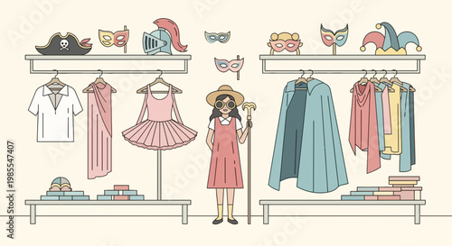 Variety of colorful costumes hanging on racks in vintage shop with masks hats and accessories for Halloween party creative event or performance