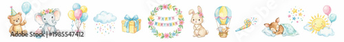 Hand painted nursery characters, playful birthday design elements, soft pastel theme. Collection of Vector illustrations for invitation, card, poster, banner, decoration