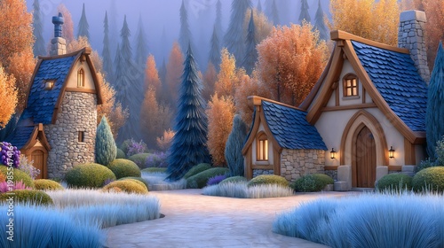 Storybook cottages painting in warm autumn colors cozy enchanted forest scene