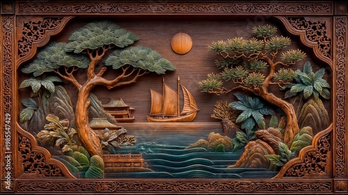 Traditional East Asian wood carving in rich brown tones sailboat landscape relief 