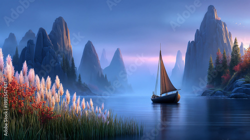 Mystical sailboat landscape painting in blue and gold tranquil mountain seascape