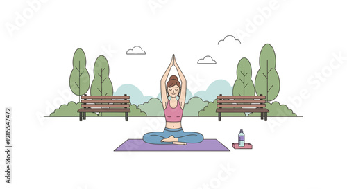Woman meditating in lotus position at park with trees and benches in vector illustration style on a purple mat outdoors
