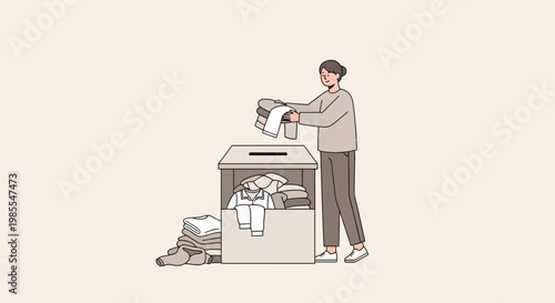 Woman donating clothes to charity box in flat vector style; clothes donation concept in light neutral tones; apparel redistribution