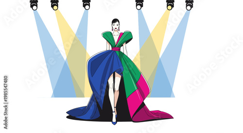 Woman showcasing a colorful fashion gown under spotlights digital vector illustration with theatrical stage lighting and modern artistic design