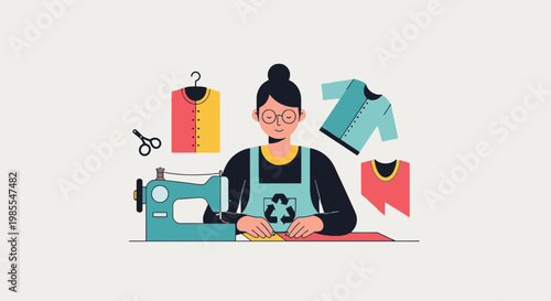 Woman sewing with machine surrounded by clothes in minimalist vector design for upcycling fashion and creative DIY projects
