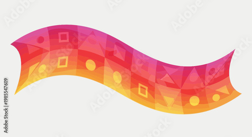 Abstract geometric ribbon banner with vibrant gradient fill and assorted shape patterns; triangle square circle design element for decoration