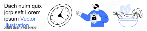Time management, online security, health awareness, nutrition, fitness, lifestyle improvement. Clock for time, man with shield food items. Time management and online security concepts