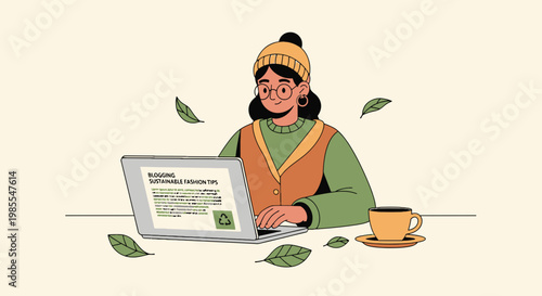 Young woman wearing beanie blogging sustainable fashion tips on laptop with coffee surrounded by green leaves in a cozy and eco-friendly style