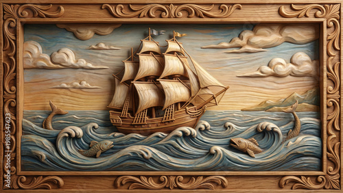 Carved wooden sailing ship relief in warm tones, maritime art panel
