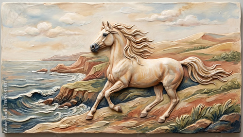 Horse bas-relief dynamic galloping representing freedom on coastal landscape panel