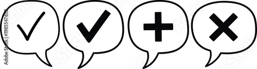 Simple black and white icon set checkmarks plus and x symbols in speech bubbles