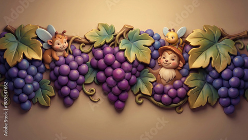 Two critters cheerful peeking among grape clusters on leafy border
