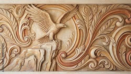 Eagle bas-relief majestic with wings spread representing power on ornate panel