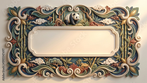 Ornate panda frame in colorful style, decorative banner with copy space