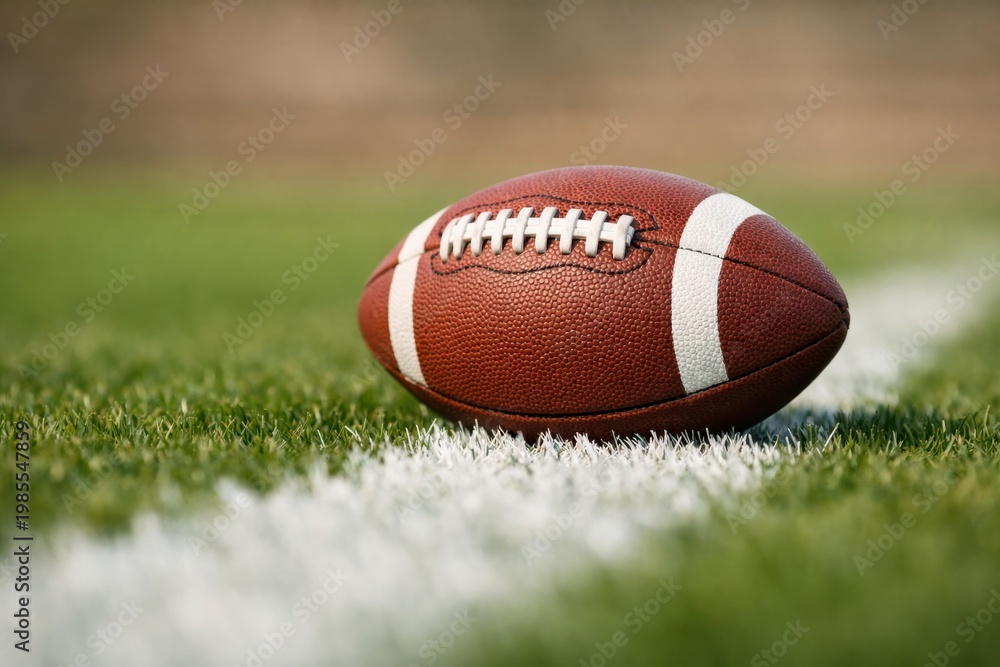 Obraz premium American football resting on the green grass of a field near the sideline
