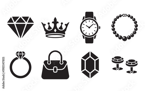 Luxury Jewelry and Fashion Accessories Icon Set with Diamond and Crown